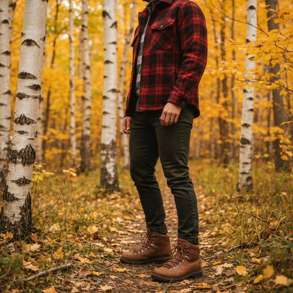 Person wearing premium outdoor clothing in Michigan forest